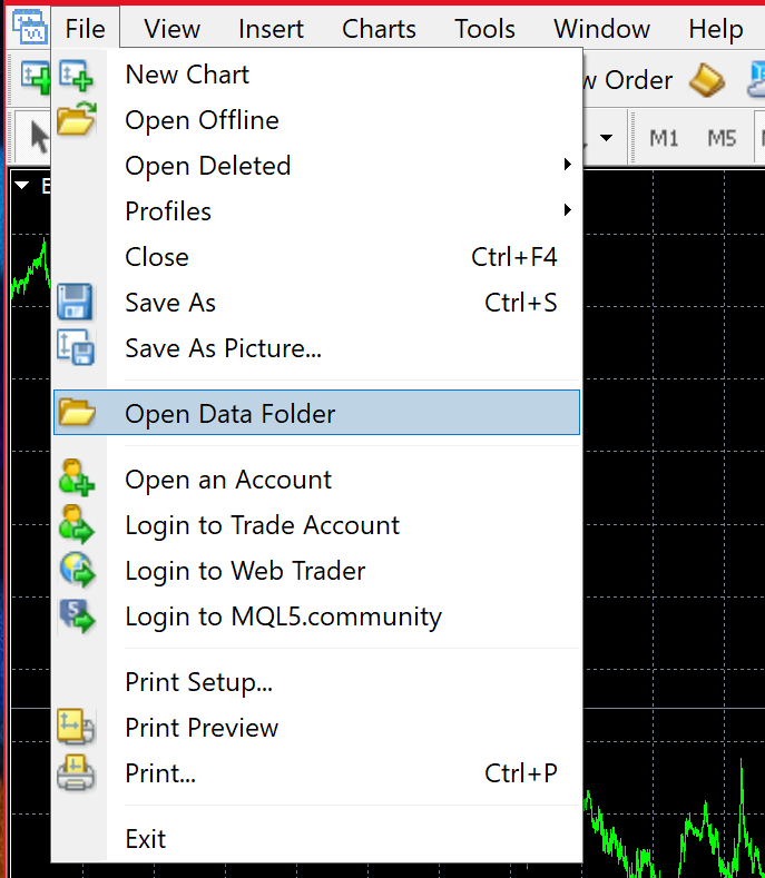 به منوی “File” در گوشه ی بالا سمت چپ رفته و سپس گزینه ی “Open Data Folder” را انتخاب کنید.